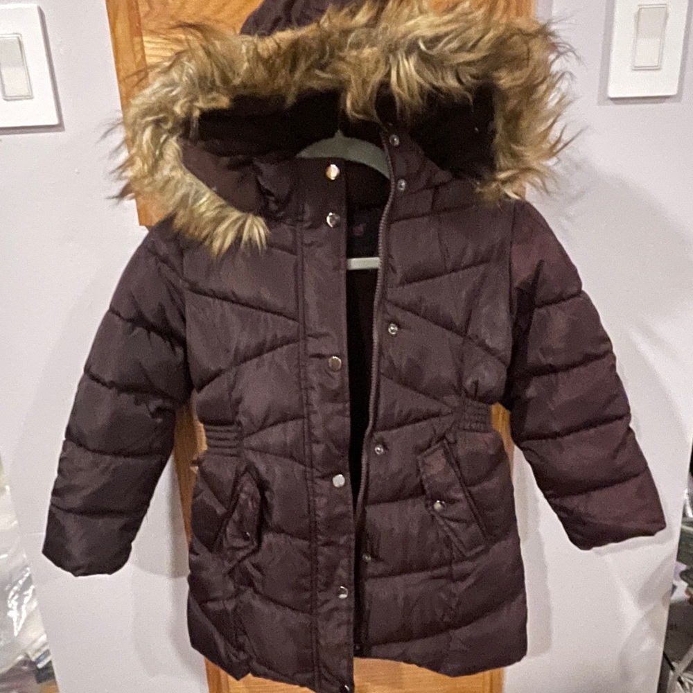Plum puffer Coat with Faux Fur Hood